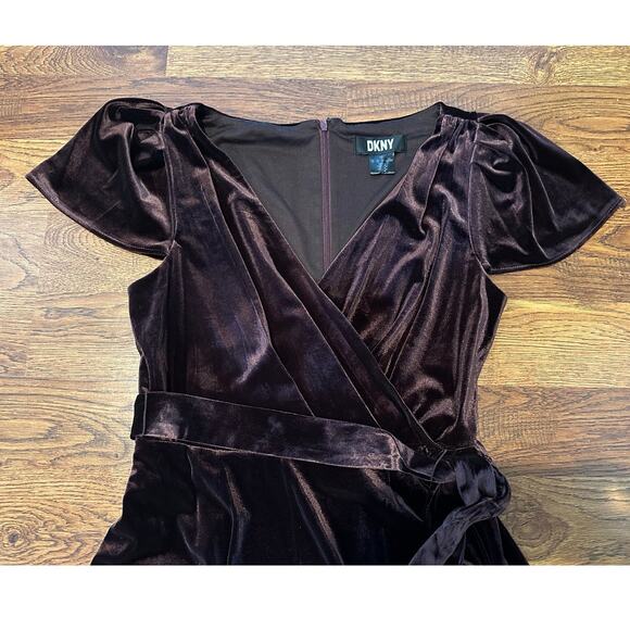 DKNY Women's Velvet Faux Wrap Midi Dress - Brown - Size 12 Elegant Style - Picture 3 of 9